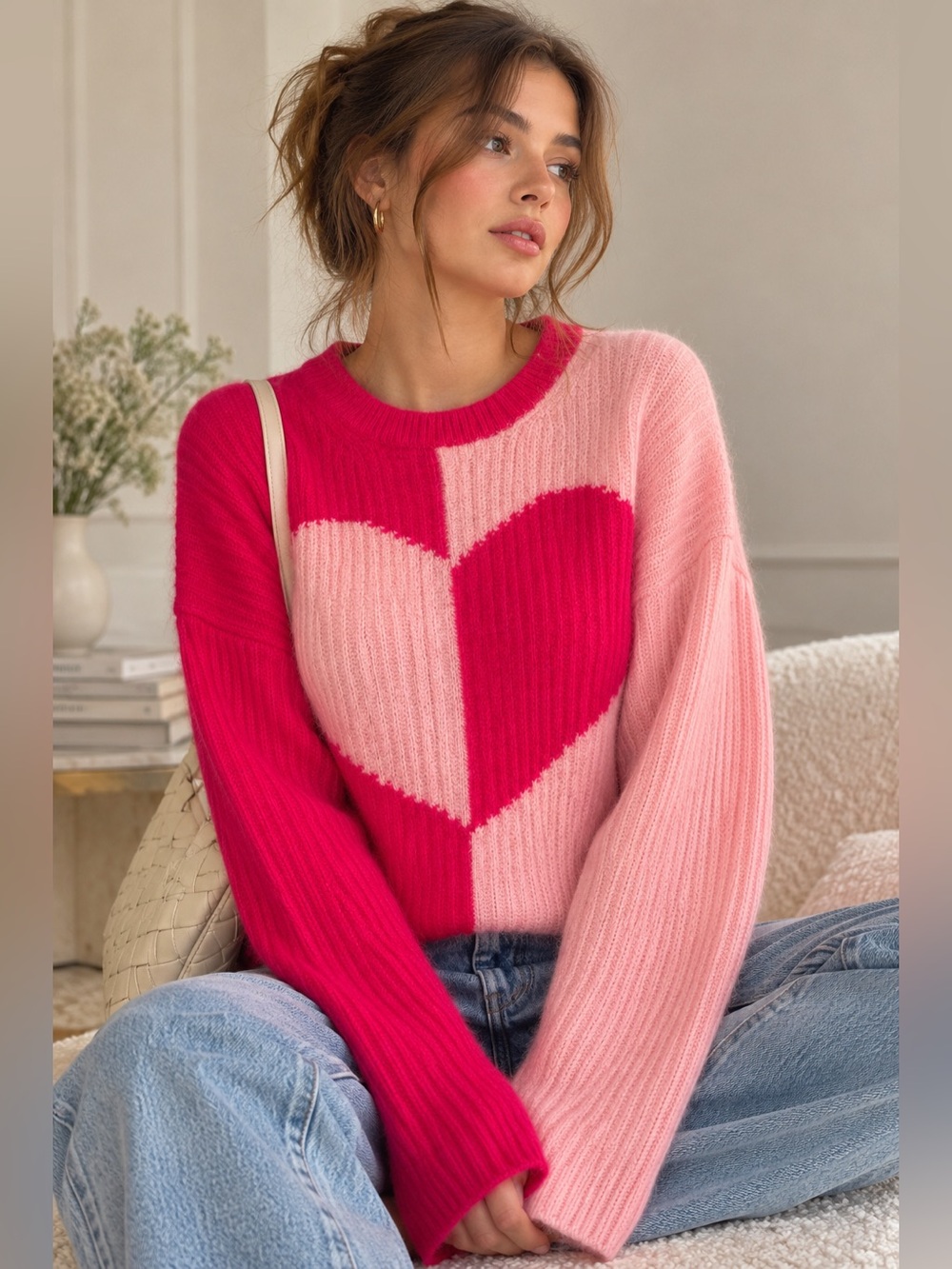 Spring + Mercer 100% Cashmere Heart Sweater Pink Fuchsia Color-block Sz L Preppy